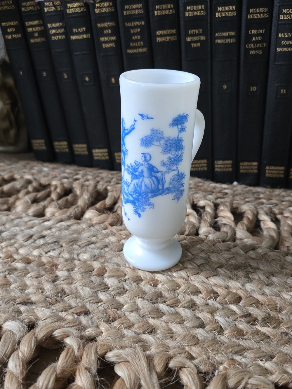 Avon White Milk Glass Pedestal Drinkware with Blue Scenic Transfer